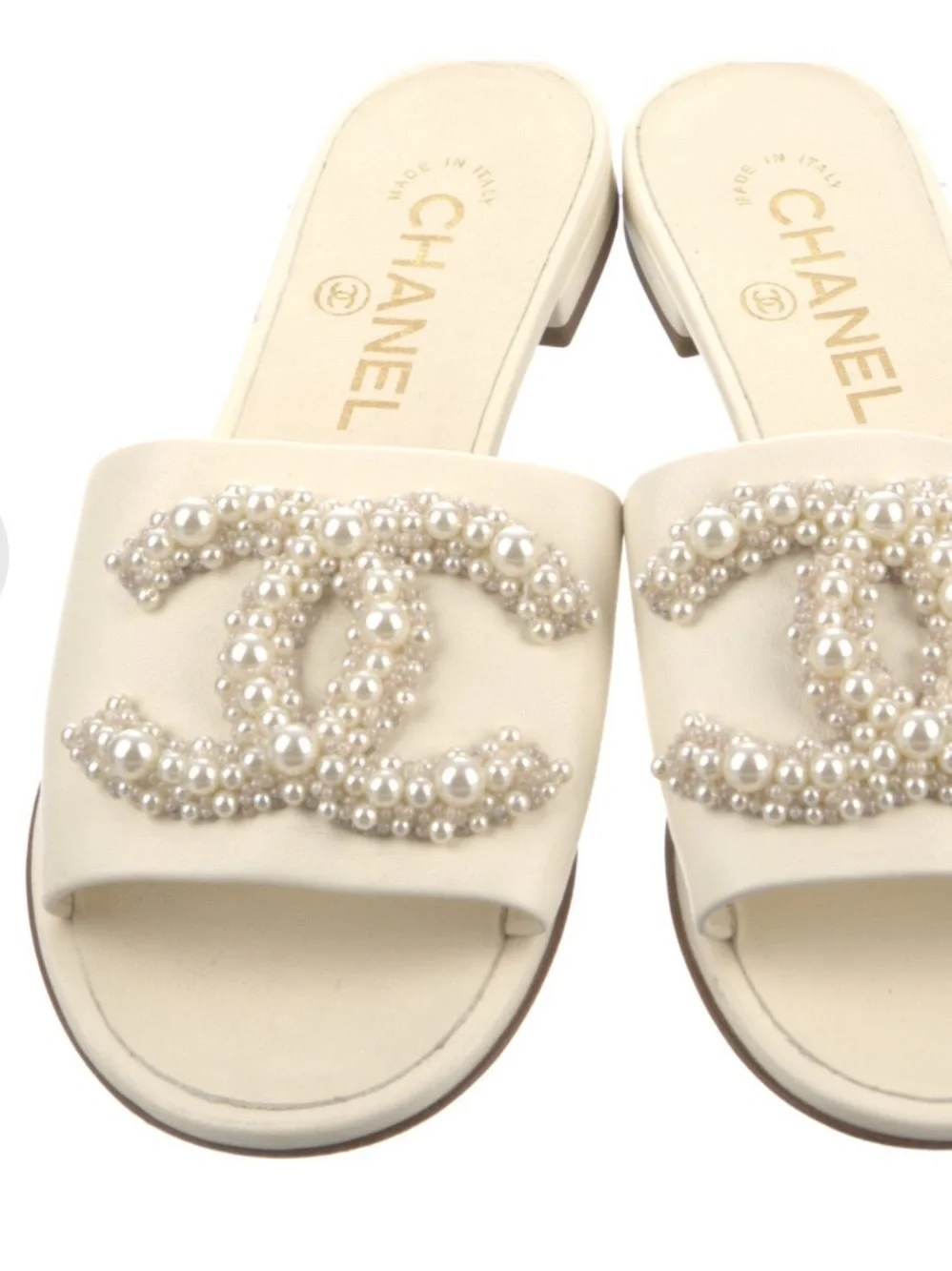 Chanel White Pearl Slide Lambskin Sandals Size 5